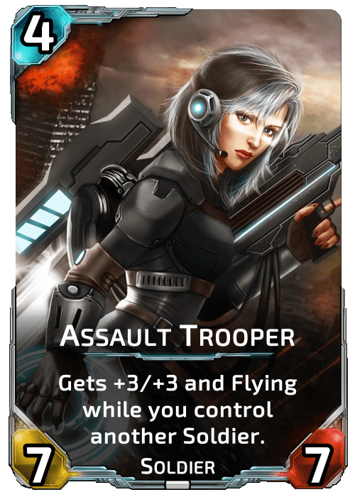 Nova Blitz - Assault Trooper - Gets +3/+3 and Flying while you control another Soldier.
