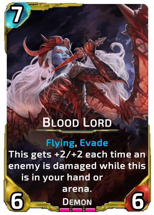 Blood Lord Nova Blitz - Blood Lord - This gets +2/+2 each time an enemy is damaged while this is in your hand or arena.