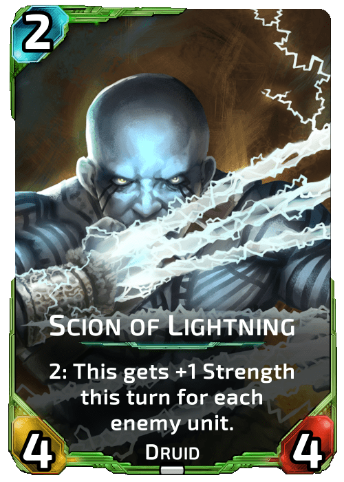 Nova Blitz - Scion of Lightning - 2: This gets +1 Strength this turn for each enemy unit.