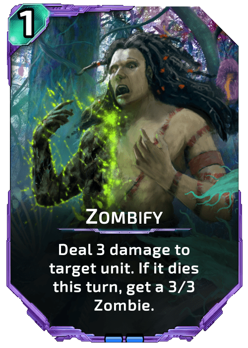 Nova Blitz - Zombify - Deal 3 damage to target unit. If it dies this turn, get a 3/3 Zombie